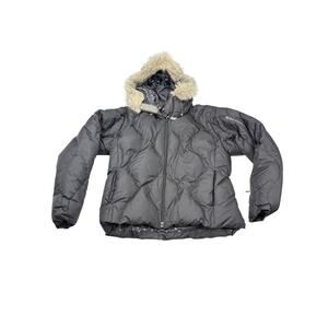 Salomon women black short puffer coat, fur lined hood. Size S. down filled.